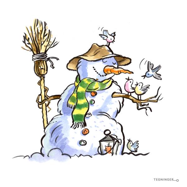 Snømann med fugler og kost
