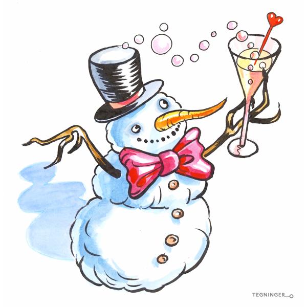 Tegning av en snømann i festlig stemning